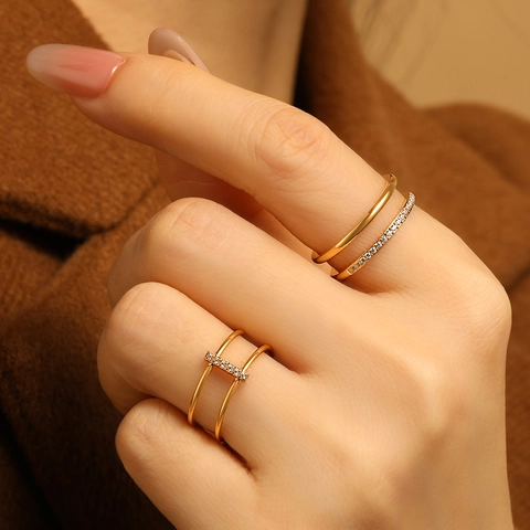 Bague en Acier Titane à Double Couche pour Femmes Micro Incrusté de Zirconium Or Argent Électroplaqué Minimaliste Géométrique