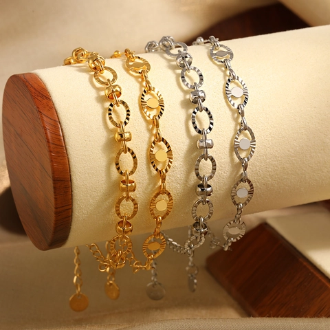 Vintage Stainless Steel O-Shaped Embossed Chain Bracelet For Women Gold Silver Plated Oval Bead Adjustable Hand Jewelry