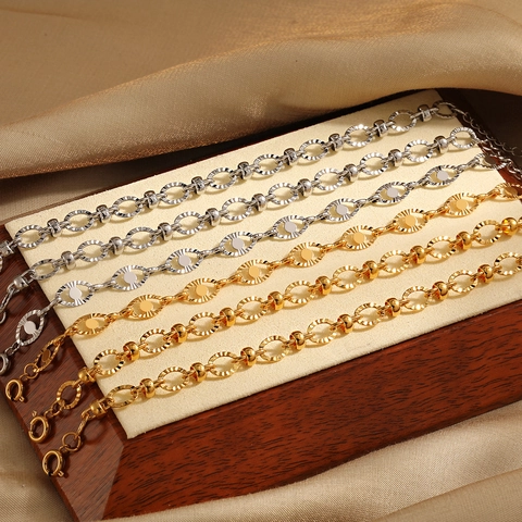 Vintage Stainless Steel O-Shaped Embossed Chain Bracelet For Women Gold Silver Plated Oval Bead Adjustable Hand Jewelry