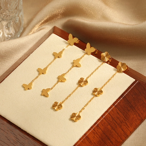 Pendientes de Borla de Trébol de Cuatro Hojas Flor de Ciruelo Mariposa para Mujer de Acero de Titanio Dorado Láser Largos