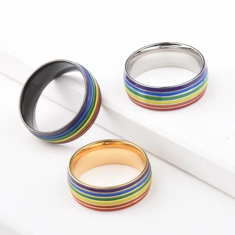 Rainbow Enamel Titanium Steel Band Ring LGBTQ Pride Personalized Fashion Jewelry For Men Women Couple Non Allergic Ring
