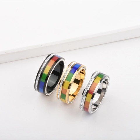 Titanium Steel Rainbow Enamel Ring With Side Rhinestones For Men Women Unisex Pride Fashion Jewelry Band Ring