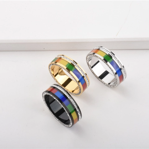Titanium Steel Rainbow Enamel Ring With Side Rhinestones For Men Women Unisex Pride Fashion Jewelry Band Ring