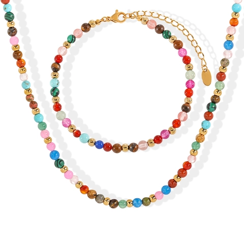 Bohemian Mehrfarbige Naturstein Perlen Schmuckset Edelstahl Halskette Und Armband Für Damen Strand Urlaub Mode Accessoires