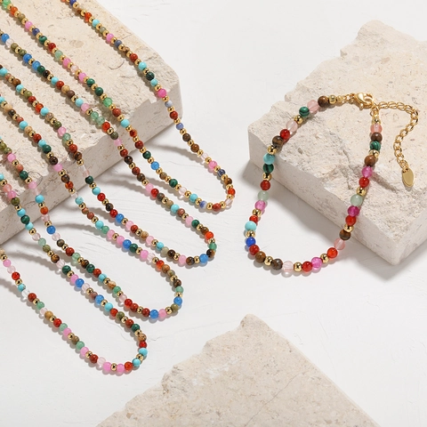 Bohemian Mehrfarbige Naturstein Perlen Schmuckset Edelstahl Halskette Und Armband Für Damen Strand Urlaub Mode Accessoires