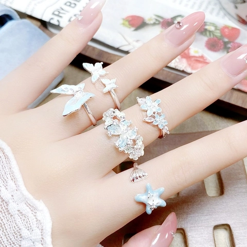 Bague Ouverte Ajustable Papillon Bleu Menthe Fleur Émaillée Bague en Cuivre avec Zircon Incrusté Bijoux Cadeau pour Femme