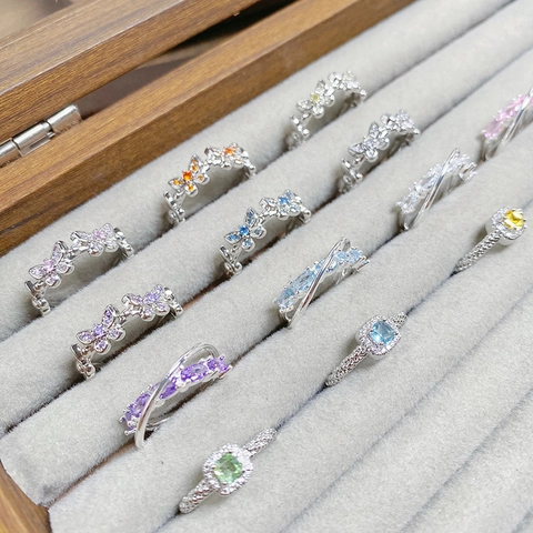 Fashion Colorful Zircon Butterfly Adjustable Open Ring For Women Silver Plated Copper Marquise Square Cut Finger Ring Jewelry