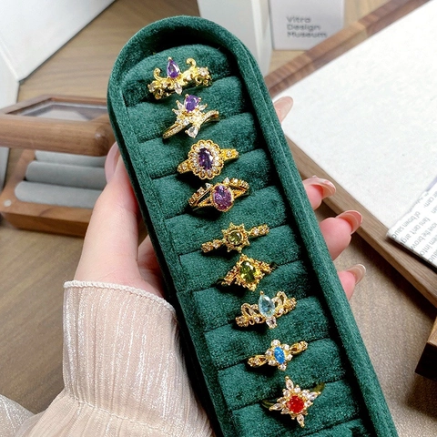 Bague Ouverte Réglable en Cuivre Vintage Pour Femme Luxe Style Cour Zircone Pierre Précieuse Multicolore Géométrique Bijoux