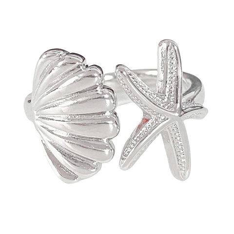 Bague Ouverte Étoile de Mer et Coquillage pour Femme Cuivre Zirconia Émail Bague Réglable Style Océan Bijoux Cadeau