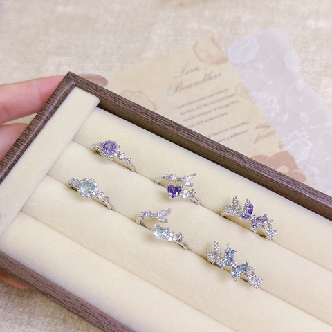 Copper Zircon Flower Butterfly Open Ring For Women Adjustable Purple Blue Gemstone Stacking Finger Ring Sweet Cool Jewelry