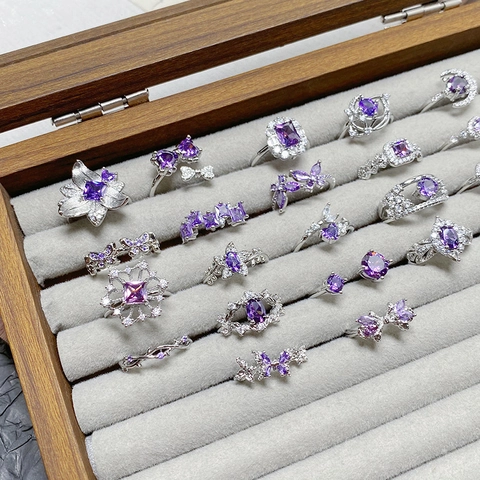 Élégante Bague Ouverte en Cuivre avec Zircone Violette pour Femme Plaquée Argent Ajustable Floral Papillon Lune Étoile Bijoux