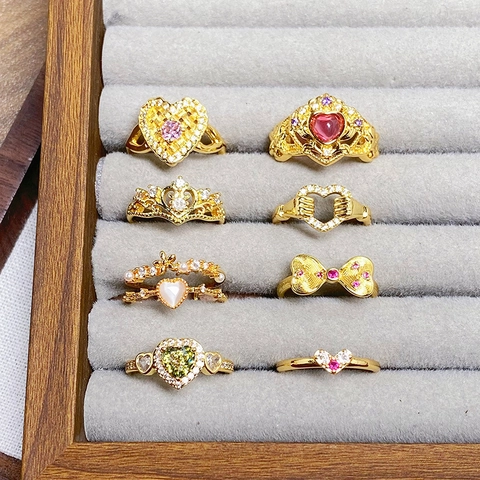 Vintage Vergoldeter Kupferring Für Damen Zirkonia Eingelegt Herz Krone Schleife Verstellbarer Offener Ring Modeschmuck Geschenk