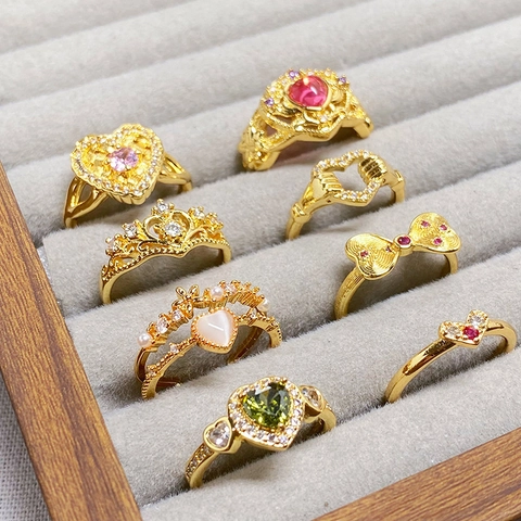 Vintage Vergoldeter Kupferring Für Damen Zirkonia Eingelegt Herz Krone Schleife Verstellbarer Offener Ring Modeschmuck Geschenk