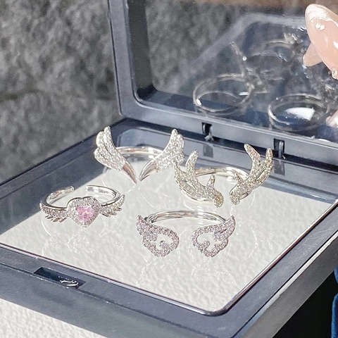 Mode Kupfer Zirkon Engelsflügel Hirschgeweih Rosa Herz Offener Verstellbarer Ring Für Damen Eleganter Schmuck Fingerring Geschenk