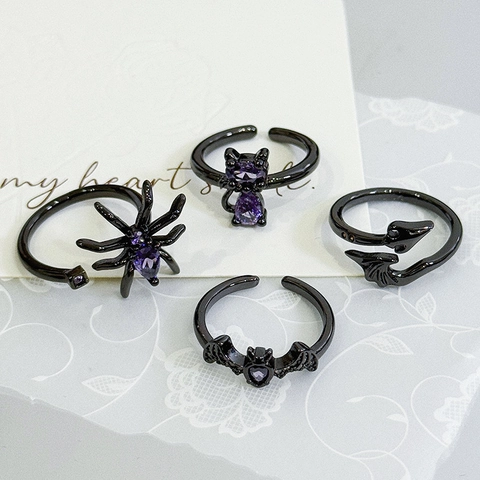 Gothic Black Electroplated Copper Ring With Purple Zircon Bat Spider Cat Devil Tail Adjustable Ring Halloween Jewelry