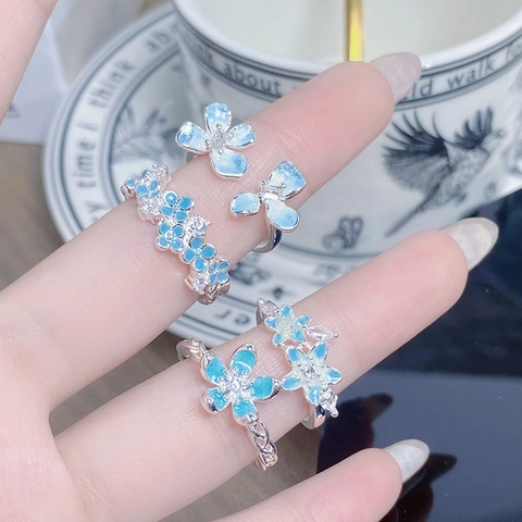 Dainty Enamel Flower Open Adjustable Ring For Women Sweet Copper Zirconia Inlaid Floral Butterfly Finger Ring Jewelry