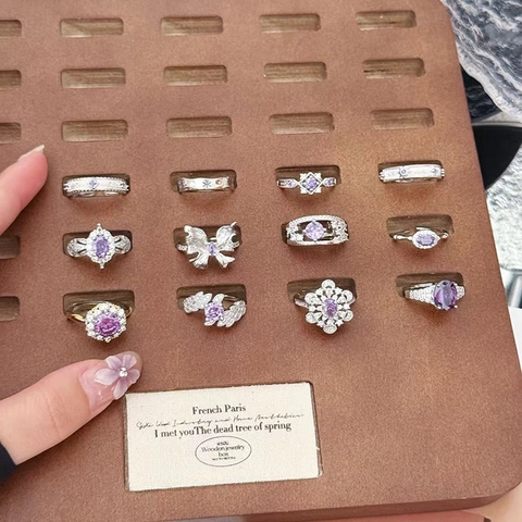 Niche Purple Zircon Copper Ring For Women Light Luxury Brushed Open Adjustable Finger Ring Geometric Butterfly Jewelry Gift