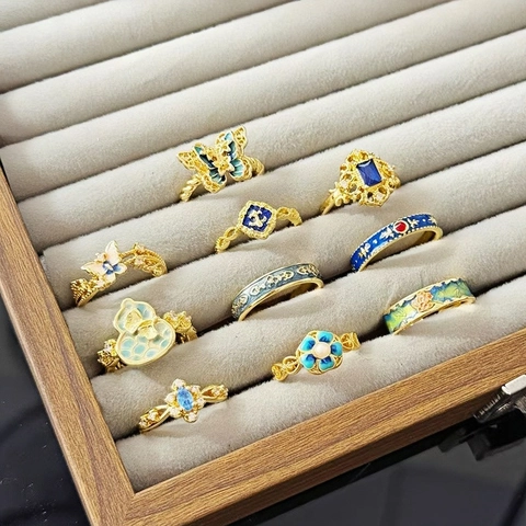 Anello Aperto Regolabile Vintage Stile Cinese Farfalla Fiore Placcato Oro Smalto Zircone Cristallo Anello da Donna