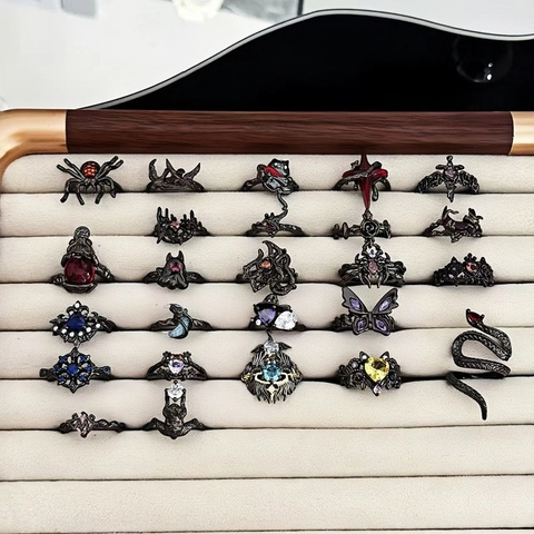 Gothic Dark Punk Spider Ghost Ring For Women Men Halloween Jewelry Adjustable Open Copper Black Metal Zirconia Finger Ring