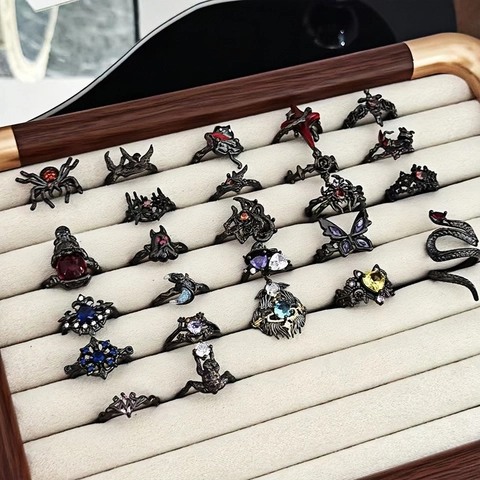 Gothic Dark Punk Spider Ghost Ring For Women Men Halloween Jewelry Adjustable Open Copper Black Metal Zirconia Finger Ring