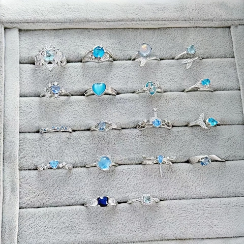 Light Luxury Blue Zircon Open Ring For Women Adjustable Copper Ring Fashion Ocean Style Jewelry Dragonfly Cat Mermaid Tail Ring