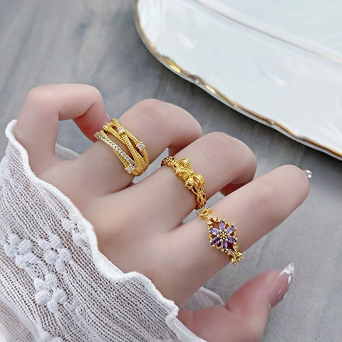 Vintage Kupfer Zirkon Fingerring Set Für Damen Vergoldet Lila Blume Schleife Mehrlagiger Offener Verstellbarer Ring Schmuck