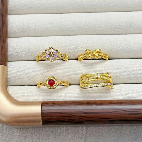 Vintage Kupfer Zirkon Fingerring Set Für Damen Vergoldet Lila Blume Schleife Mehrlagiger Offener Verstellbarer Ring Schmuck