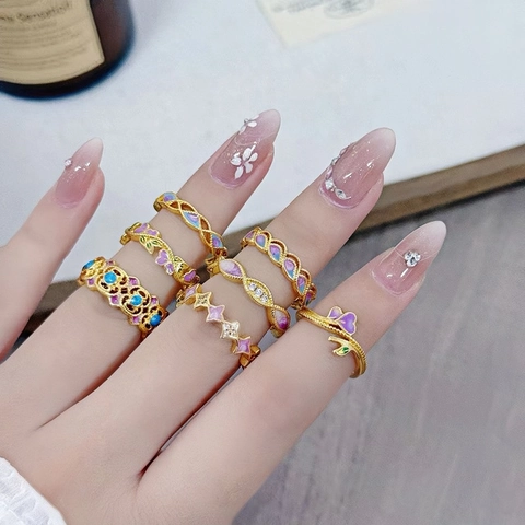 Vintage Hofstil Emaille Blume Offener Ring Für Damen Verstellbar Kupfer Vergoldet Bunte Zirkonia Eingelegt Schmuck Ring