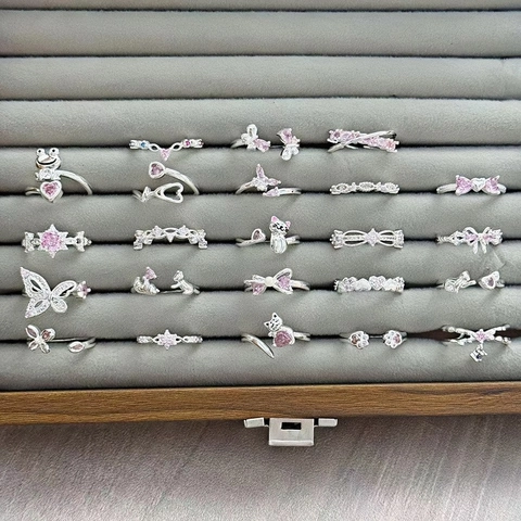 Rosa Zirkonia Schmetterling Herz Katze Offen Verstellbarer Ring Für Damen Süß Cool Kupfer Schmuck Versilbert Fingerring