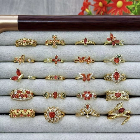 Vintage Verstellbarer Kupferring Mit Orangeroten Zirkonia Blume Schmetterling Krone Schlange Retro Schmuck Für Damen Geschenk