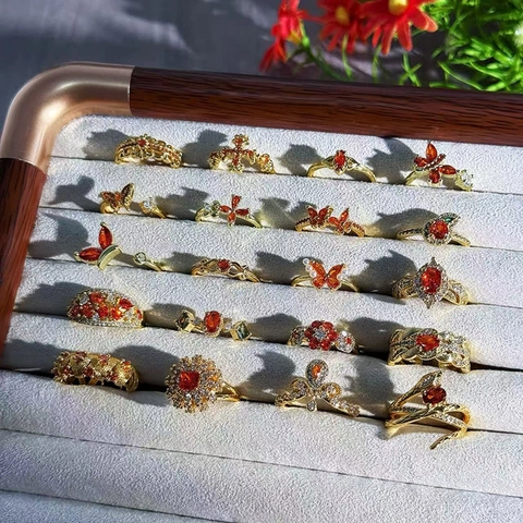 Vintage Verstellbarer Kupferring Mit Orangeroten Zirkonia Blume Schmetterling Krone Schlange Retro Schmuck Für Damen Geschenk
