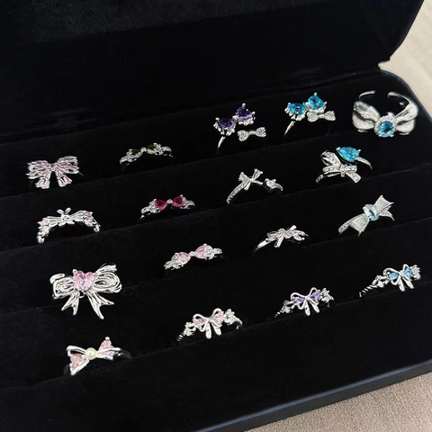 Light Luxury Bowknot Zircon Open Ring For Women Copper Sweet Cool Style Adjustable Finger Jewelry Heart Stone Inlaid Accessory