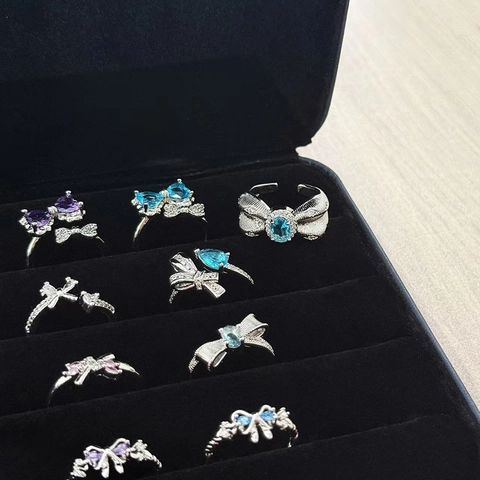 Light Luxury Bowknot Zircon Open Ring For Women Copper Sweet Cool Style Adjustable Finger Jewelry Heart Stone Inlaid Accessory