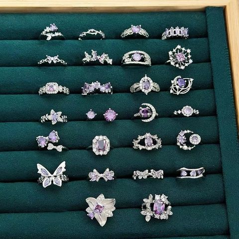 Verstellbarer Offener Fingerring Kupfer Lila Zirkonia Exquisites Nischendesign Eleganter Geometrischer Schmetterling Mond Stern Ring Für Damen Schmuck