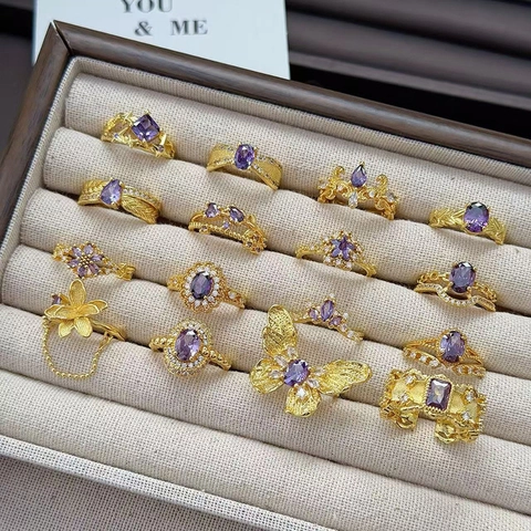 Vintage Purple Zircon Gold Plated Copper Open Ring For Women Elegant Luxury Retro Adjustable Finger Ring Jewelry Gift