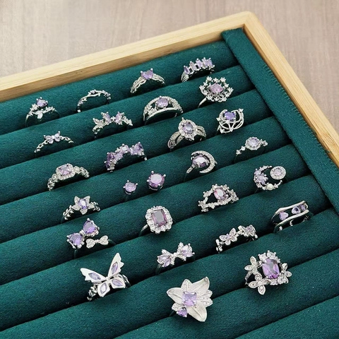 Verstellbarer Offener Fingerring Kupfer Lila Zirkonia Exquisites Nischendesign Eleganter Geometrischer Schmetterling Mond Stern Ring Für Damen Schmuck