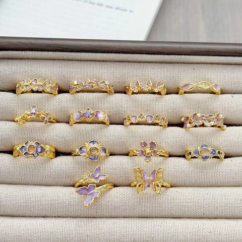 Vintage Purple Enamel Copper Open Ring For Women Elegant Butterfly Flower Zircon Adjustable Fashion Jewelry Finger Ring