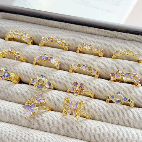 Vintage Purple Enamel Copper Open Ring For Women Elegant Butterfly Flower Zircon Adjustable Fashion Jewelry Finger Ring