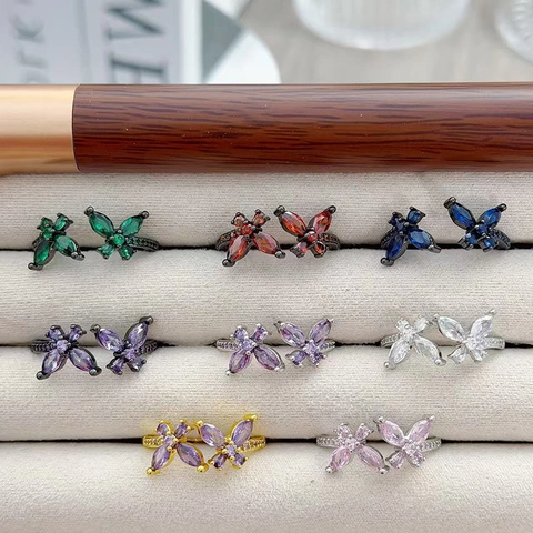 Women's Colorful Butterfly Zircon Open Ring Copper Gold Silver Plated Marquise Cut Crystal Adjustable Finger Ring Jewelry