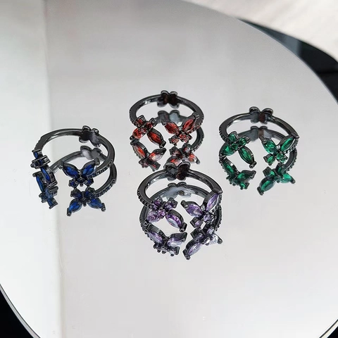 Women's Colorful Butterfly Zircon Open Ring Copper Gold Silver Plated Marquise Cut Crystal Adjustable Finger Ring Jewelry