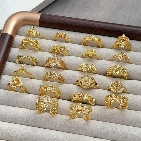 Vintage Palast Stil Kupfer Offener Ring Für Damen Verstellbarer Zirkon Künstliche Perle Blume Schmetterling Schmuck Vergoldet Geschenk