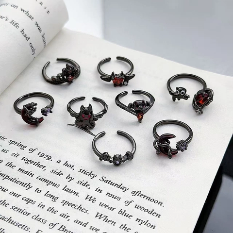 Gothic Dark Style Fledermaus Gespenst Katze Verstellbarer Ring Für Damen Schwarz Vergoldetes Kupfer Rot Lila Zirkon Halloween Schmuck