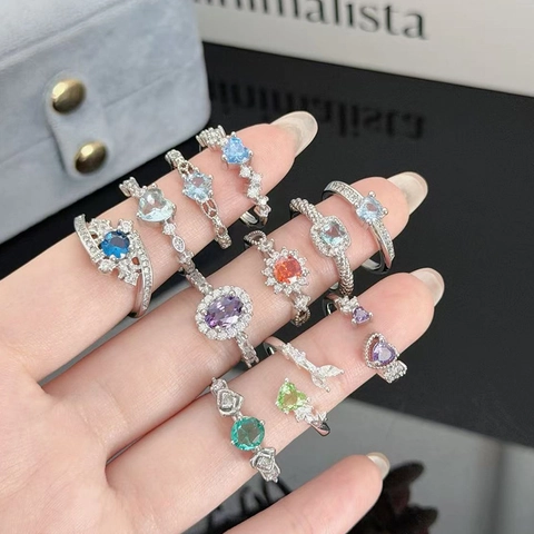 Luxury Copper Zirconia Open Ring For Women Heart Geometric Colorful Gemstone Adjustable Fashion Jewelry Party Finger Ring Gift