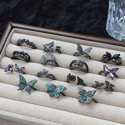 Bague Ouverte Papillon Gothique Vintage pour Femmes Style Punk Sombre Émail en Cuivre Avec Zirconium Coloré Réglable