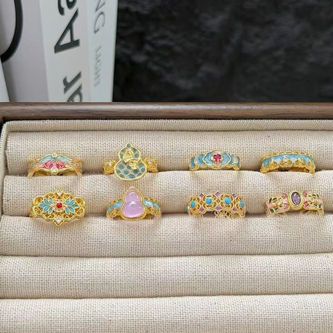 Bague Ouverte Vintage en Émail Forme Calebasse et Fleur pour Femme Plaqué Or Réglable en Cuivre avec Zircon Bijoux Style Cour Ethnique
