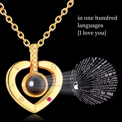100 Languages I Love You Projection Heart Necklace For Women Gold Plated Copper Zirconia Heart Lock Key Pendant Necklace Valentine's Day Jewelry Gift