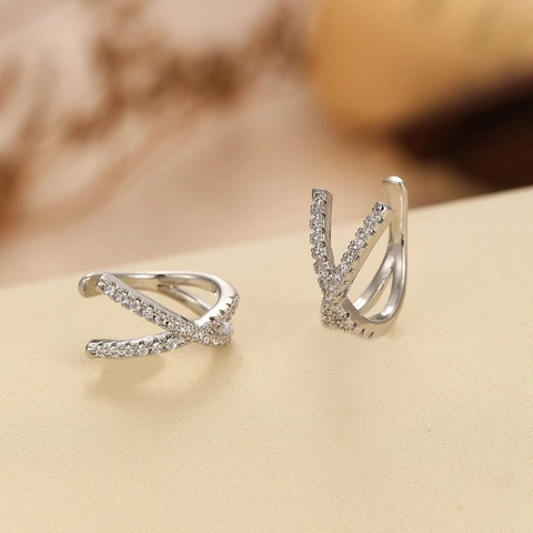 Minimalist French Design X-Shaped Micro Paved Zirconia Copper Ear Cuffs Non-Pierced Geometric Crossed Line Earrings For Women