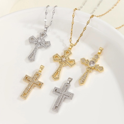 Religious Copper Zirconia Cross Pendant Necklace Minimalist Stainless Steel Chain For Women Gold Silver Plated Jewelry