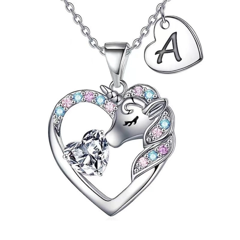 Collana in Rame con Zirconi Cuore Unicorno Ciondolo Lettera Iniziale per Donna Bambini Oro Argento Oro Rosa Gioielli di Moda Regalo