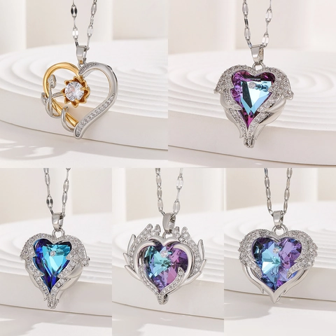 Luxury Copper Heart Pendant Necklace With Angel Wings Gradient Crystal Zirconia Romantic Jewelry Gift For Women Valentine